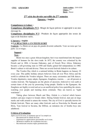Première page de Anglais 3e, 3e ML — 2e devoir surveillé, 2e semestre (2019-2020) · CEG ADJAGBO