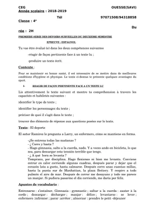 Première page de Espagnol 4e ML — 1er devoir surveillé, 2e semestre (2018-2019) · Ceg OUESSE