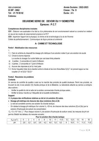 Première page de PCT Tle C — 2e devoir surveillé, 1er semestre (2022-2023) · CEG LE NOKOUE