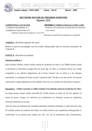 Première page de SVT Tle D — 2e devoir surveillé, 1er semestre (2019-2020) · CEG ADJOVICODJI 'LES OLIVIERS'