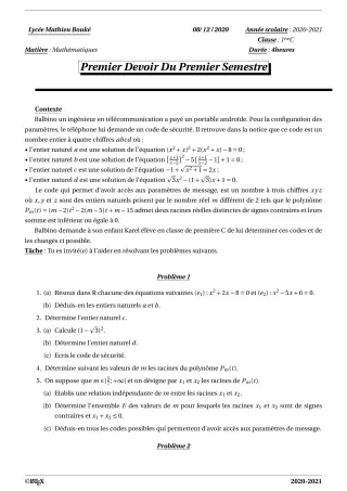 Première page de Mathématiques 1ère C — 1er devoir surveillé, 1er semestre (2020-2021) · LMB