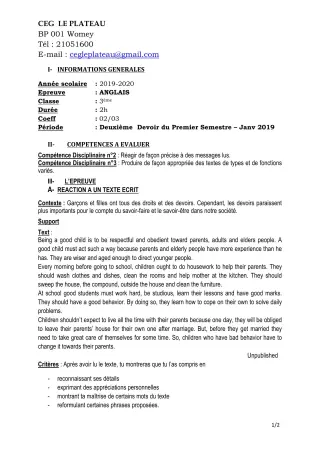Première page de Anglais 3e, 3e ML — 2e devoir surveillé, 1er semestre (2019-2020) · CEG Le Plateau