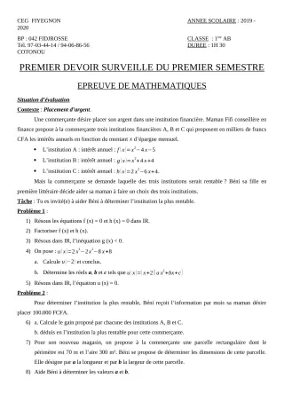 Première page de Mathématiques 1ère A2 — 1er devoir surveillé, 1er semestre (2019-2020) · CEG FIYEGNON