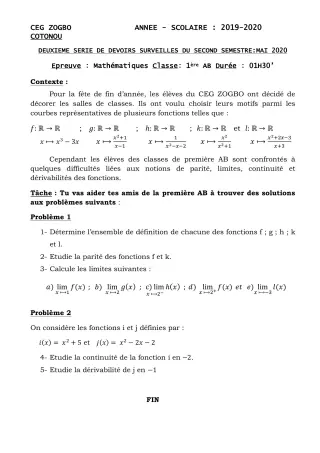 Première page de Mathématiques 1ère A1, 1ère A2, 1ère B — 2e devoir surveillé, 2e semestre (2019-2020) · CEG ZOGBO