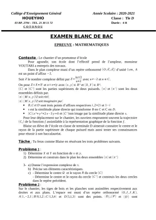 Première page de Examen Blanc de MATHS GENE — Tle C, Tle D — CEG HOUEYIHO (2020)