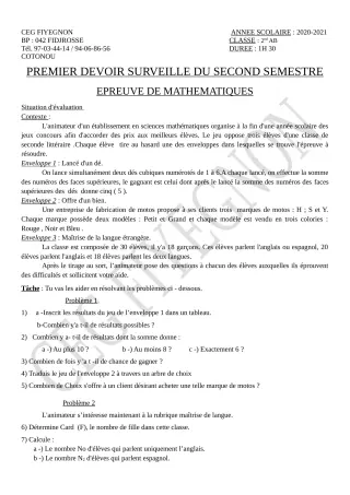 Première page de Mathématiques 2nde A2, 2nde B — 1er devoir surveillé, 2e semestre (2020-2021) · CEG FIYEGNON