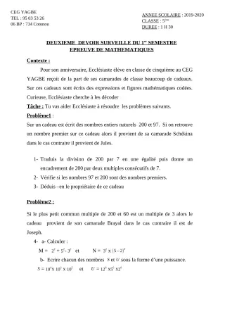 Première page de Mathématiques 5e — 2e devoir surveillé, 1er semestre (2019-2020) · CEG Yagbe