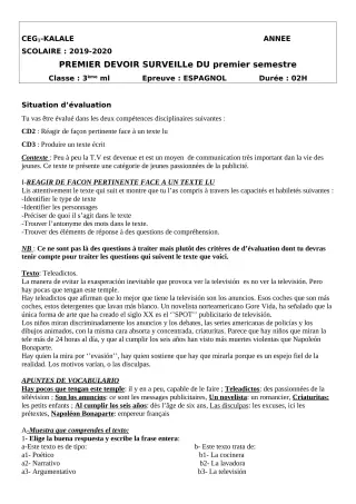 Première page de Espagnol 3e ML — 1er devoir surveillé, 1er semestre (2019-2020) · CEG1 Kalalé