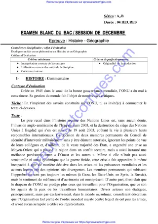 Première page de Bac 2026 – Histoire-Géographie Série A2-B, Bac blanc décembre 2025 (ONU, critiques et rôle du commerce au Bénin)