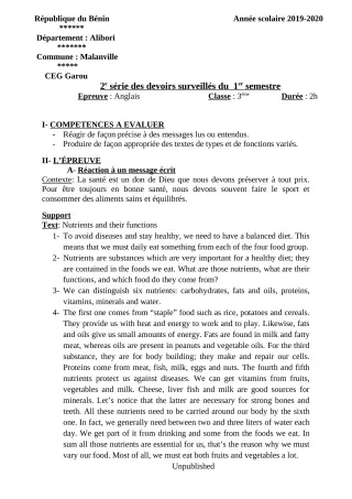 Première page de Anglais 3e — 2e devoir surveillé, 1er semestre (2019-2020) · CEG GAROU