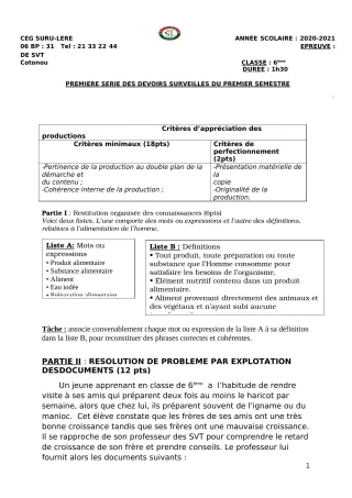 Première page de SVT 6e — 1er devoir surveillé, 1er semestre (2020-2021) · CEG SURU-LERE
