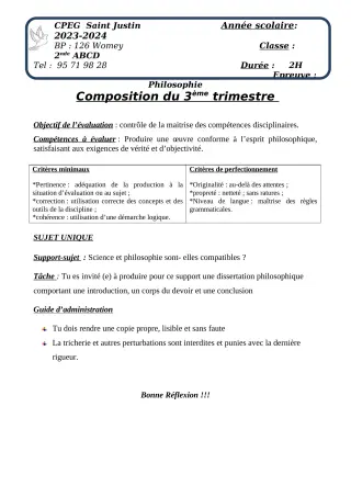 Première page de Philosophie 2nde A2, 2nde B, 2nde C, 2nde D — Composition, 3e trimestre (2023-2024) · CPEG SAINT Justin