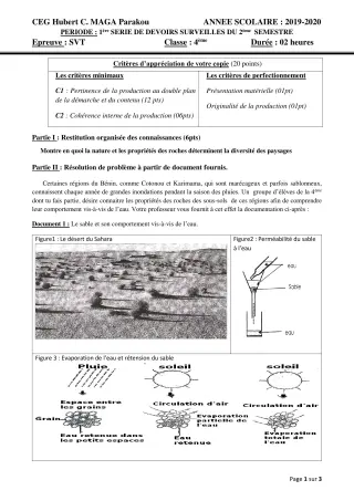 Première page de SVT 4e — 1er devoir surveillé (2019-2020) · CEG Hubert C. MAGA