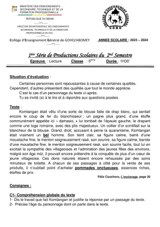Première page de Français 5e — 1re production scolaire, 2e semestre (2023-2024) · CEG GOHO