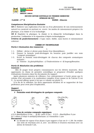 Première page de PCT 1ère D — 2e devoir surveillé, 1er semestre (2022-2023) · CEG SEKERE