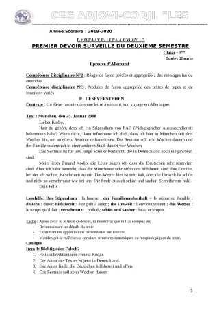 Première page de Allemand 3e ML — 1er devoir surveillé, 2e semestre (2019-2020) · CEG ADJOVICODJI 'LES OLIVIERS'