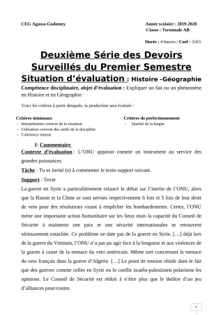 Première page de Histoire-Géographie Tle A1, Tle A2, Tle B — 2e devoir surveillé, 1er semestre (2019-2020) · CEG Agassa Godomey
