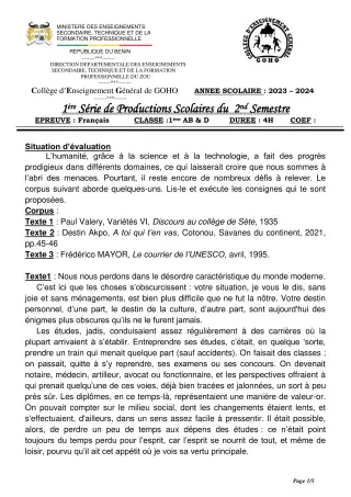 Première page de Français 1ère A & B, 1ère D — 1re production scolaire, 2e semestre (2023-2024) · CEG GOHO