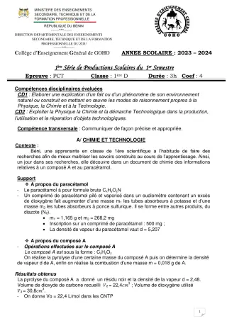 Première page de PCT 1ère D — 1re production scolaire, 1er semestre (2023-2024) · CEG GOHO