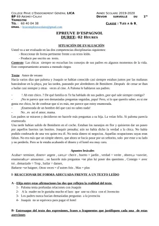 Première page de Espagnol Tle A2, Tle B — Devoir surveillé, 1er trimestre (2019-2020) · CPEG LICA