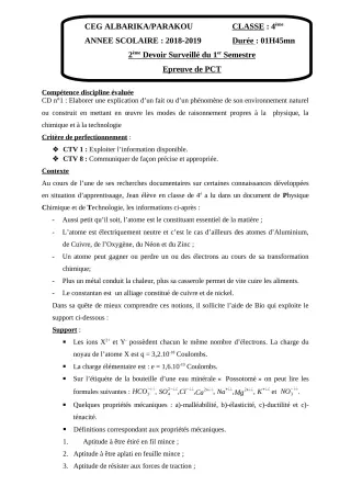 Première page de PCT 4e — 2e devoir surveillé, 1er semestre (2018-2019) · CEG Albarika