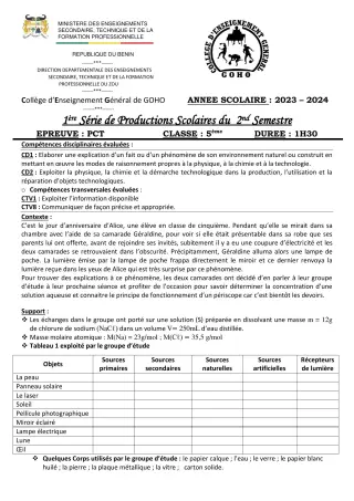 Première page de PCT 5e — 1re production scolaire, 2e semestre (2023-2024) · CEG GOHO