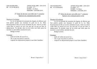 Première page de Français 5e — Devoir surveillé, 1er semestre (2018-2019) · CEG Banikanni