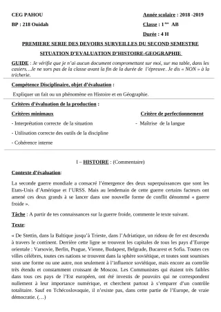 Première page de Histoire-Géographie 1ère A1, 1ère A2, 1ère B — 1er devoir surveillé, 2e semestre (2018-2019) · CEG PAHOU