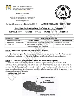 Première page de SVT 1ère A & B — Production scolaire, 1er semestre (2023-2024) · CEG GOHO