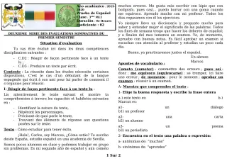Première page de Espagnol 3e ML — 2e évaluation sommative, 1er semestre (2019-2020) · CEG GBESSOU