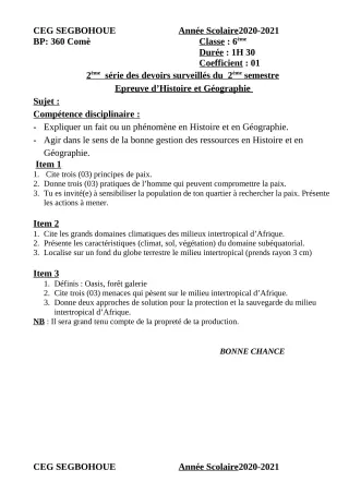 Première page de Histoire-Géographie 6e, 5e, 4e, 4e ML, 3e, 3e ML, 2nde A & B, 2nde D, 1ère A & B, 1ère D, Tle A & B, Tle D — 2e devoir surveillé, 2e semestre (2020-2021) · CEG SEGBOHOUE