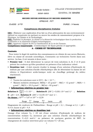 Première page de PCT 2nde D — 2e devoir surveillé, 2e semestre (2020-2021) · CEG SEKERE
