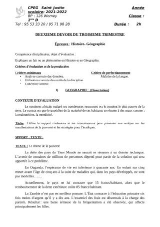 Première page de Histoire-Géographie 1ère A2, 1ère B, 1ère C, 1ère D — 2e devoir surveillé, 3e trimestre (2021-2022) · CPEG SAINT Justin