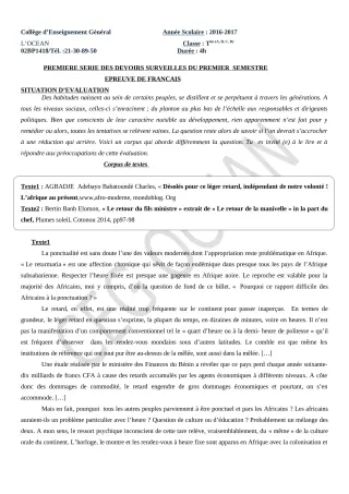 Première page de Français Tle A2, Tle B, Tle C, Tle D — 1er devoir surveillé, 1er semestre (2017-2018) · CEG l'Océan