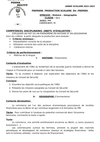 Première page de Histoire-Géographie 6e, 5e, 4e, 3e, 2nde A, 2nde D, 1ère A, 1ère D, Tle A, Tle D — 1re production scolaire, 1er semestre (2021-2022) · CEG Perma