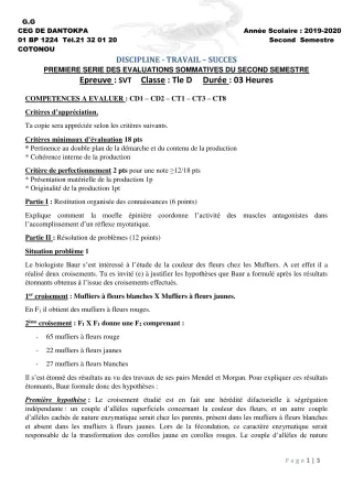 Première page de SVT Tle D — 1re évaluation sommative, 2e semestre (2019-2020) · CEG Dantokpa