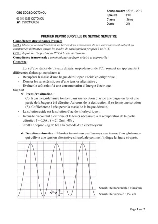 Première page de PCT 3e, 1ère C — 1er devoir surveillé, 2e semestre (2018-2019) · CEG ZOGBO