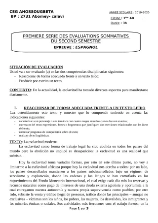 Première page de Espagnol 1ère A2, 1ère B — 1re évaluation sommative, 2e semestre (2019-2020) · CEG Ahossougbéta