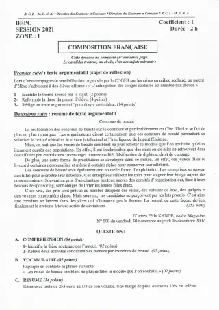 Première page de Épreuve BEPC 2021 composition française zone-1