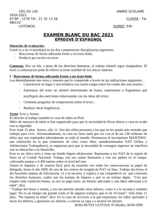 Première page de Examen Blanc de ESPAGNOL — Tle A2, Tle B — CEG du Lac (2020)