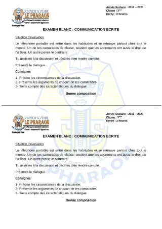 Première page de Français 3e, 3e ML — Composition (2019-2020) · CPEG LE PHARAON