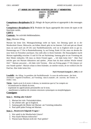 Première page de Allemand 4e ML, 3e ML, 2nde A & B, 1ère A, 1ère A & B, Tle A, Tle B — 1er devoir surveillé, 1er semestre (2018-2019) · CEG1 Abomey
