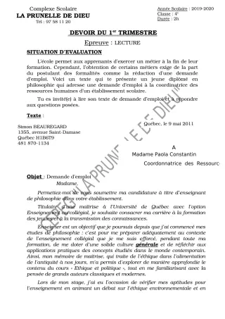 Première page de Français 4e, 4e ML — Devoir surveillé, 1er trimestre (2019-2020) · CEPG La Prunelle de Dieu