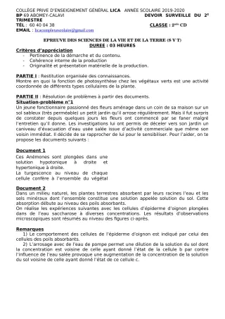 Première page de SVT 2nde C, 2nde D — 1er devoir surveillé, 2e trimestre (2019-2020) · CPEG LICA