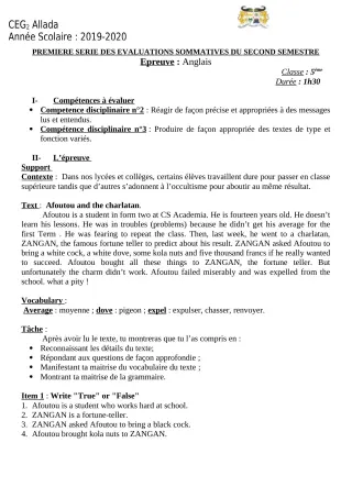 Première page de Anglais 5e — 1re évaluation sommative, 2e semestre (2019-2020) · CEG 2 Allada