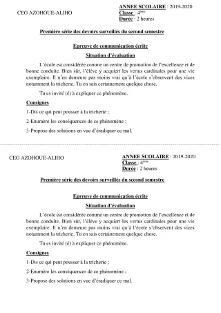 Première page de Français 4e ML&MC, 3e, 3e ML — 1er devoir surveillé, 2e semestre (2019-2020) · CEG AZOHOUE-ALIHO