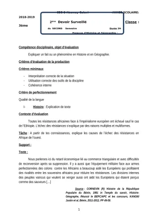 Première page de Histoire-Géographie 5e, 3e, 3e ML — 2e devoir surveillé, 2e semestre (2018-2019) · CEG2 ABOMEY - CALAVI (CEG ZOCA)