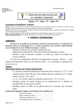 Première page de PCT Tle D — 1er devoir surveillé, 1er semestre (2018-2019) · CEG Sainte Rita