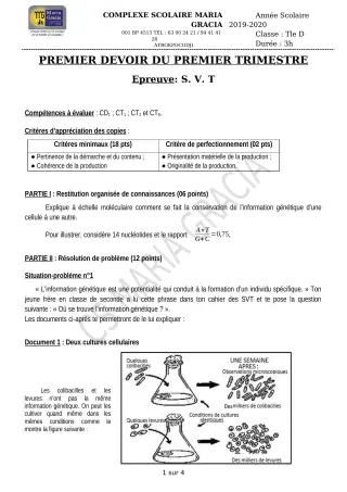 Première page de SVT Tle D — 1er devoir surveillé, 1er trimestre (2019-2020) · CPEG MARIA GRACIA
