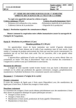 Première page de SVT 1ère A2, Tle A2, Tle B, Tle C, Tle D — 2e devoir surveillé, 1er semestre (2019-2020) · CEG2 OUIDAH